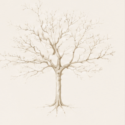 An engraving of a bare tree and its branches